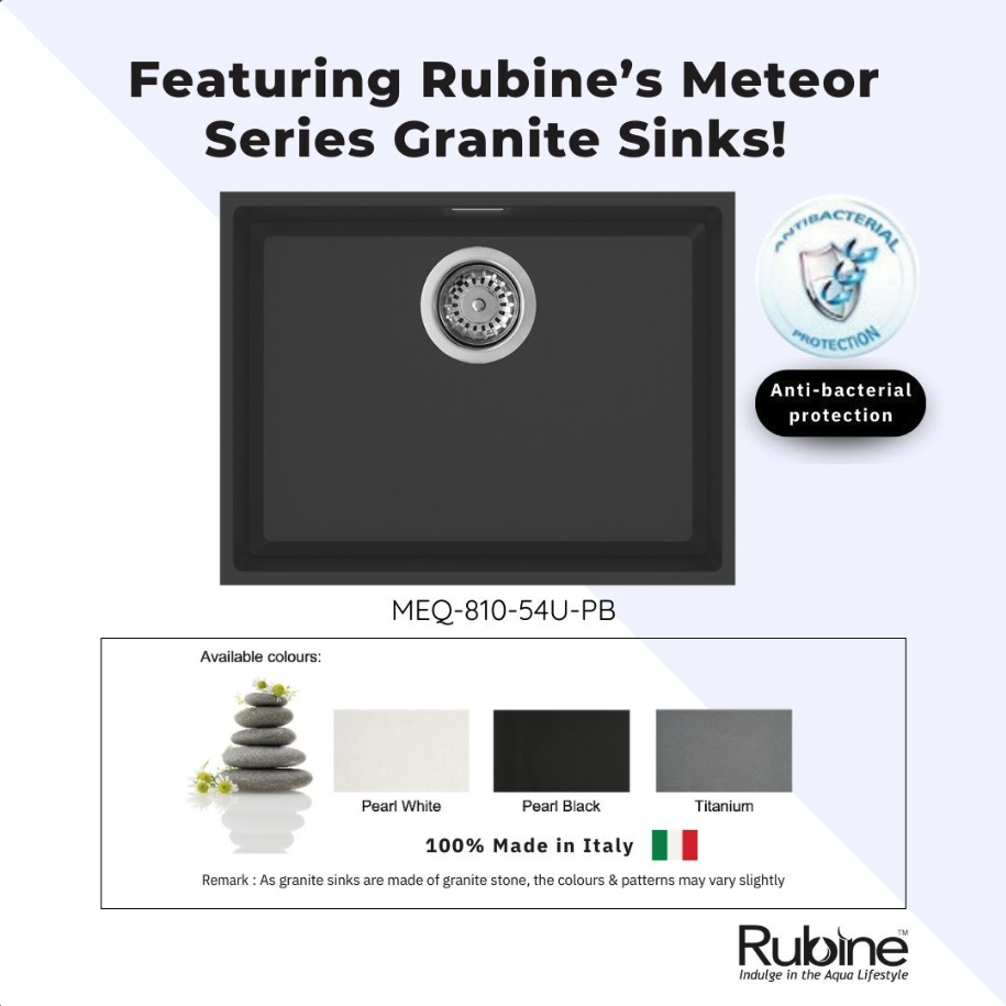 Featuring Rubine’s Meteor Series Granite Sinks!